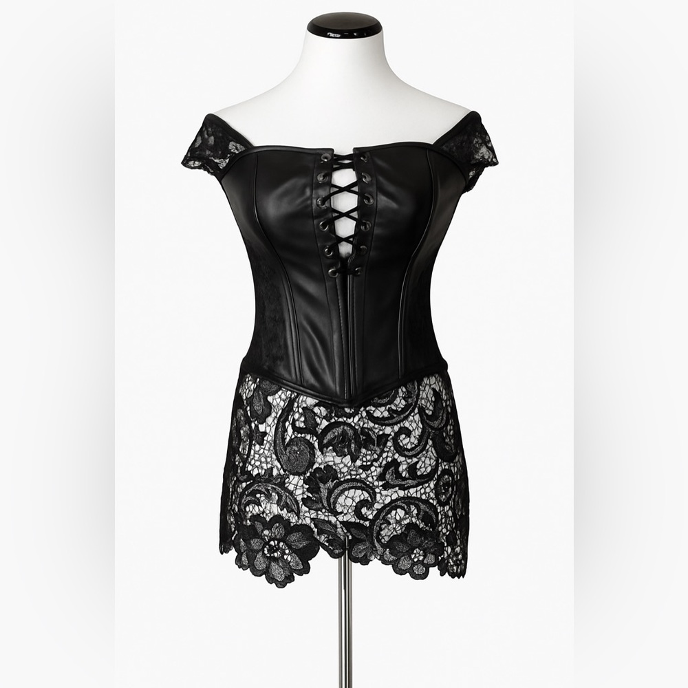 Gothic Elvira-Style Lace Corset Bustier – Faux Leather, Black, Medium